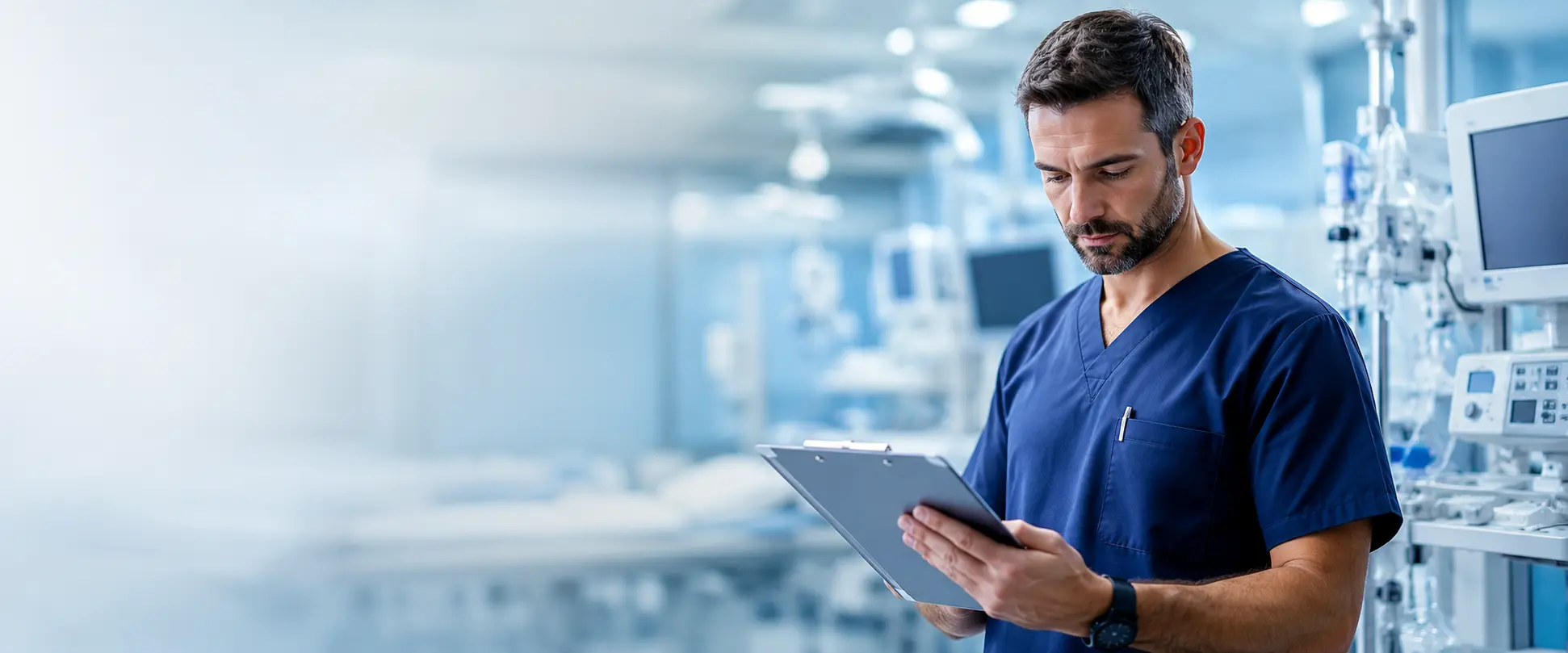 Especialista técnico em vestimentas hospitalares limpas inspecionando ambiente estéril de UTI, zona neutra à esquerda
