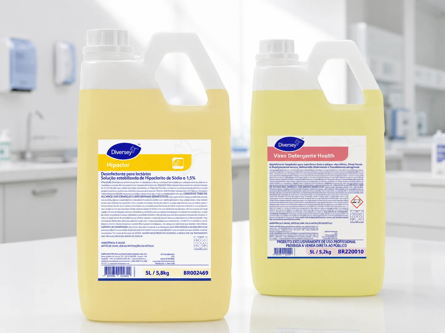 Produtos Diversey Hipoclor e Virex Detergente Health para desinfecção de lactário e áreas críticas hospitalares